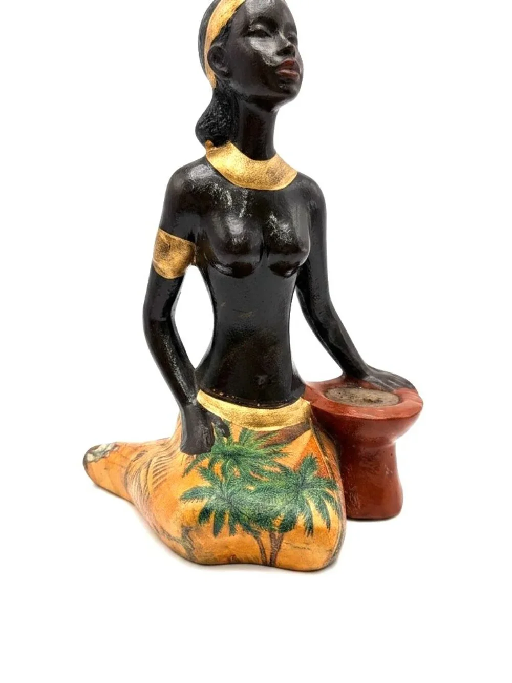 Vintage African Woman Figurine Candle Holder Palm Tree Folk Art Sculpture 8.75